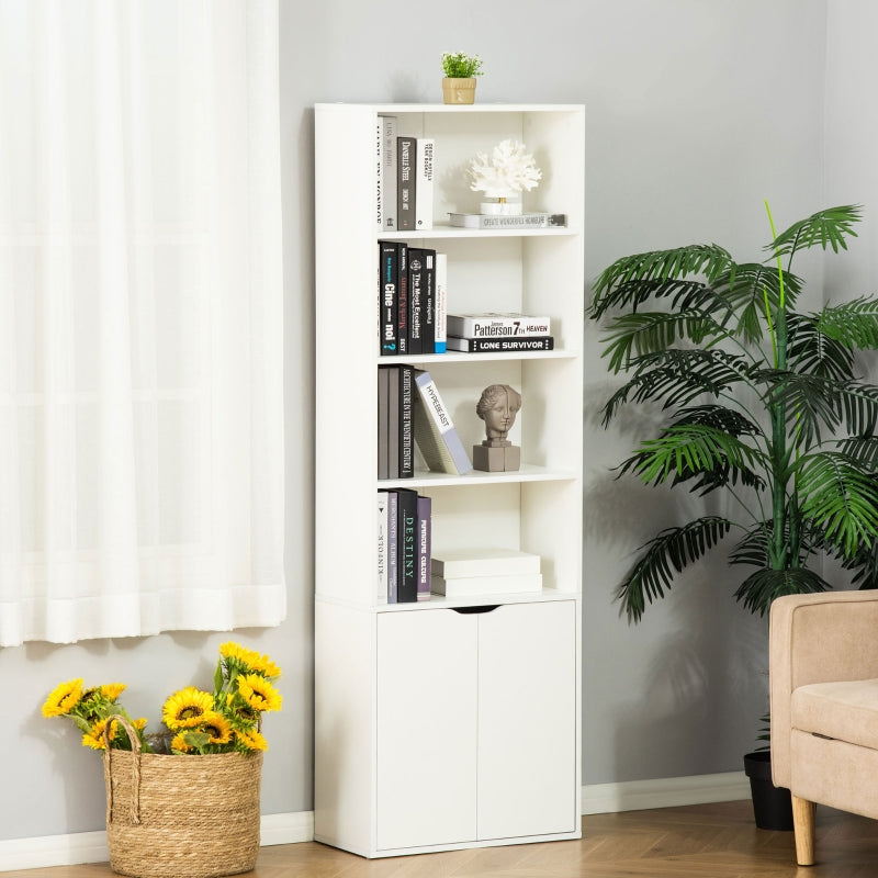 White 6-Tier Tall Bookcase with Double Door Storage Cabinet, 59 x 29 x 180cm