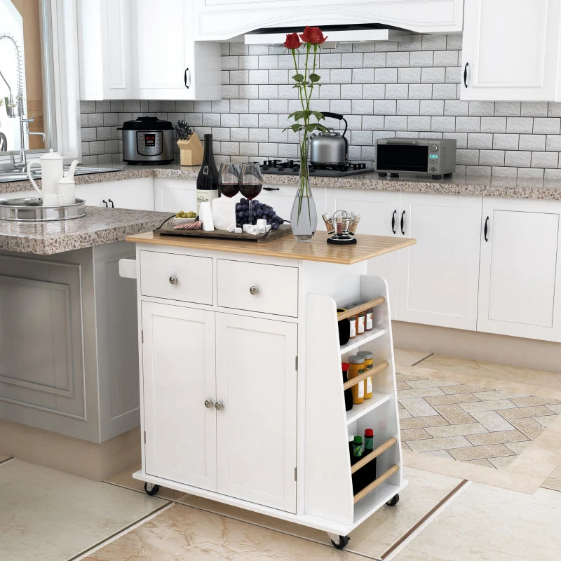 Rolling Kitchen Island Storage Cabinet with Rubber Wood Top - White