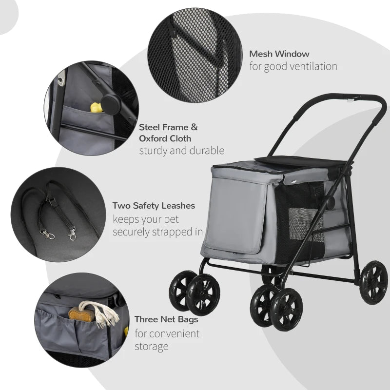 Grey Pet Stroller with 4 Wheels for Small and Medium Dogs