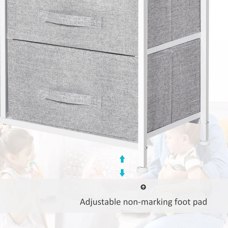 Grey 5-Drawer Linen Basket Storage Unit with Shelf - Metal Frame, Adjustable Feet