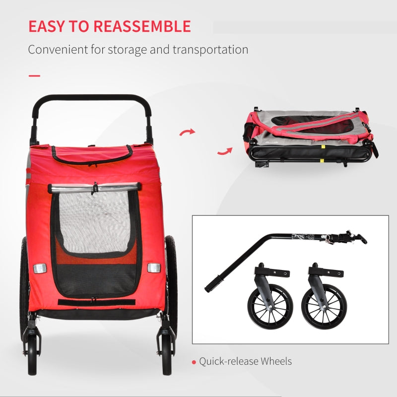 Red 2-In-1 Dog Bike Trailer Pet Stroller with Reflective Flag