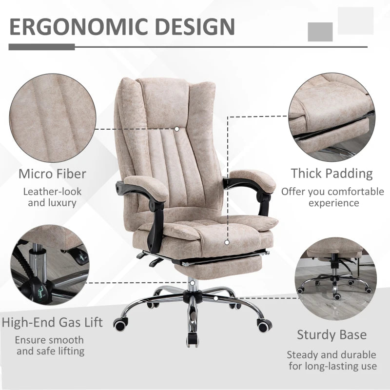 Beige Microfibre Home Office Chair with Reclining Function & Footrest