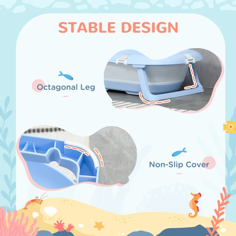 Blue Foldable Baby Bathtub with Non-Slip Legs & Cushion Pad