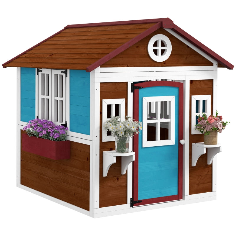 Kids Wooden Playhouse with Doors, Windows, Planters - Dark Brown