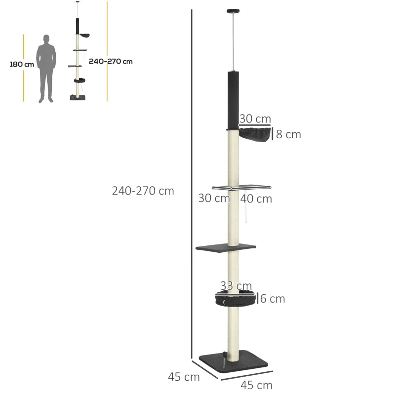 Floor-to-Ceiling 5 Tier Cat Tree with Bed, Hammock, Platforms - Black/Cream