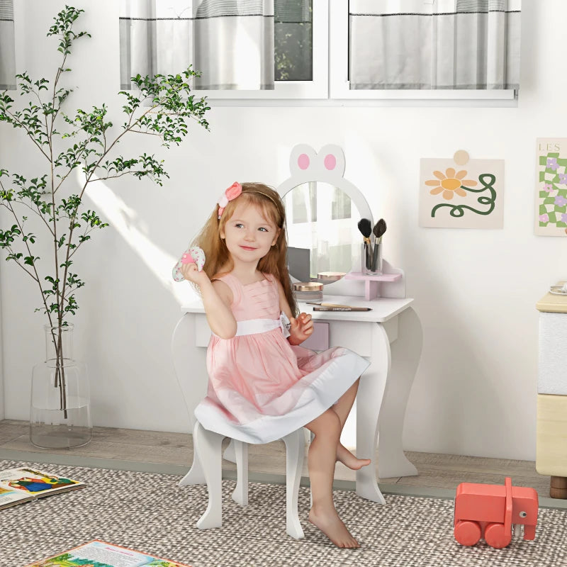 White and Pink Bunny Kids Dressing Table Set with Mirror and Stool