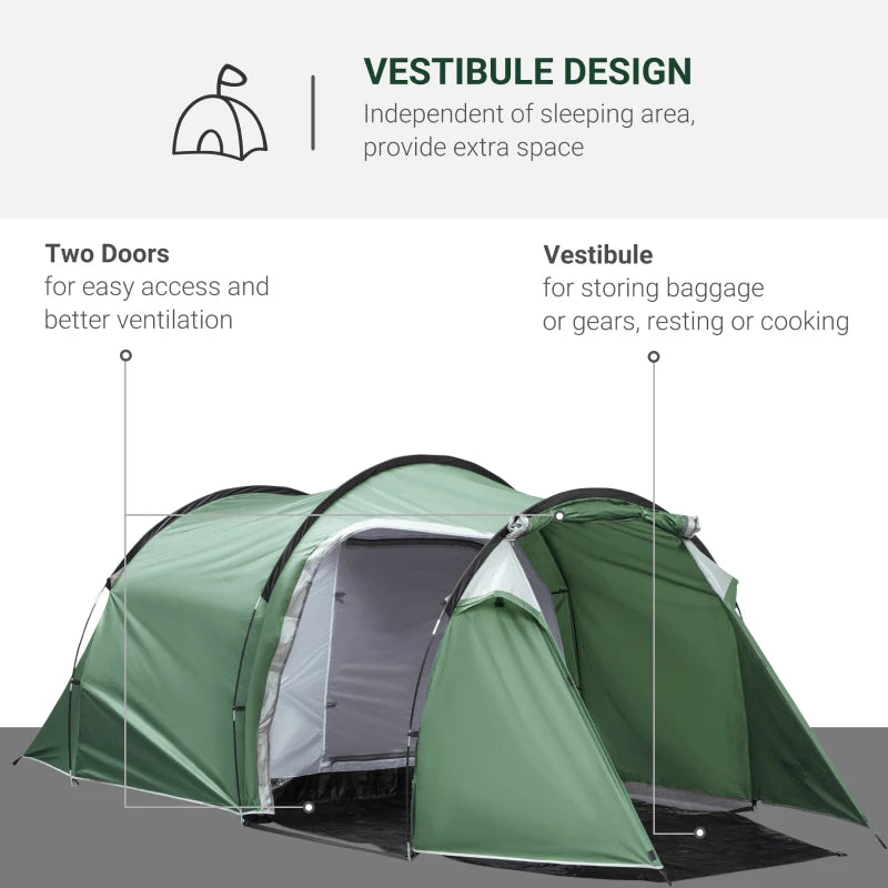 Green 2-3 Person Tunnel Camping Tent with Groundsheet & Rainfly