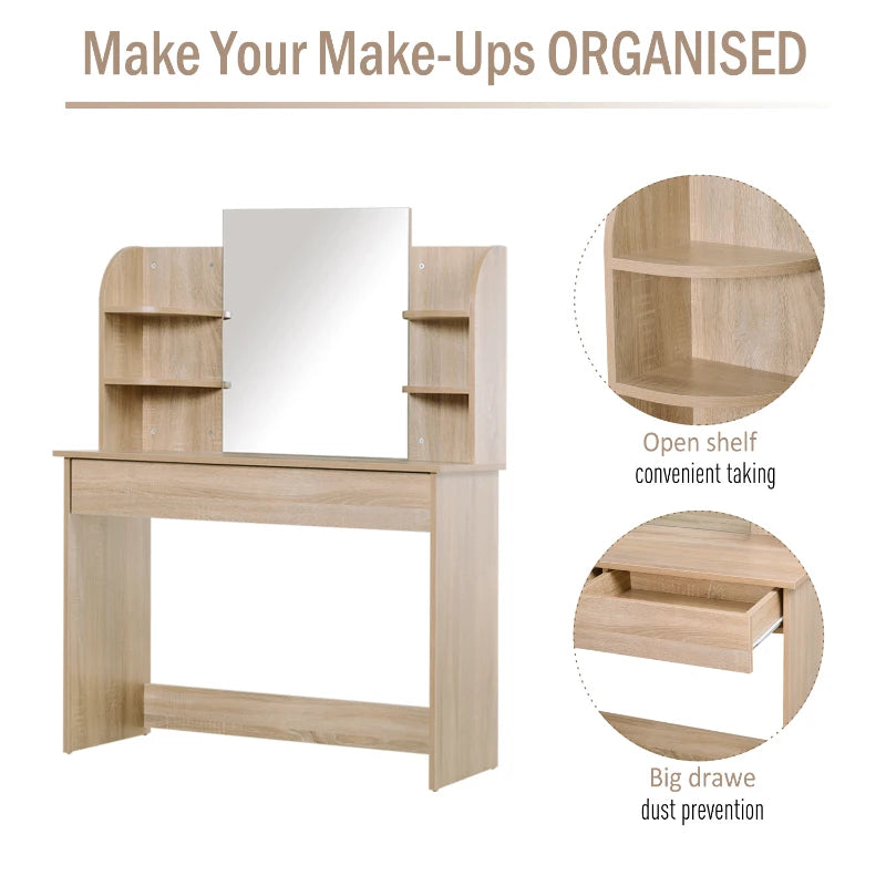 Natural Wood Dressing Table with Mirror and Storage