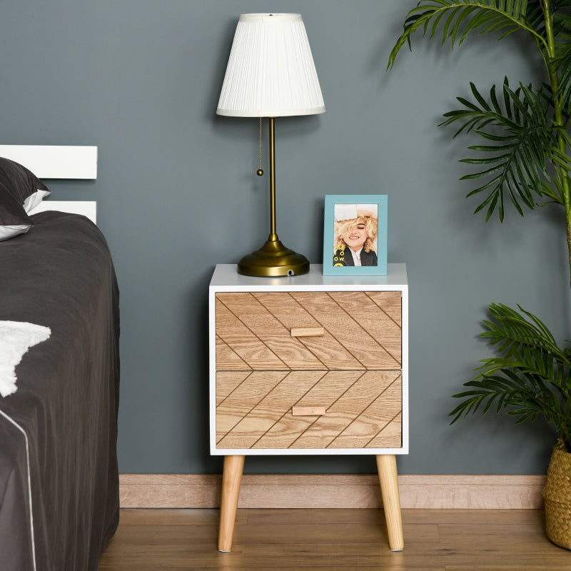 Natural Wood 2-Drawer Bedside Table with Pine Legs