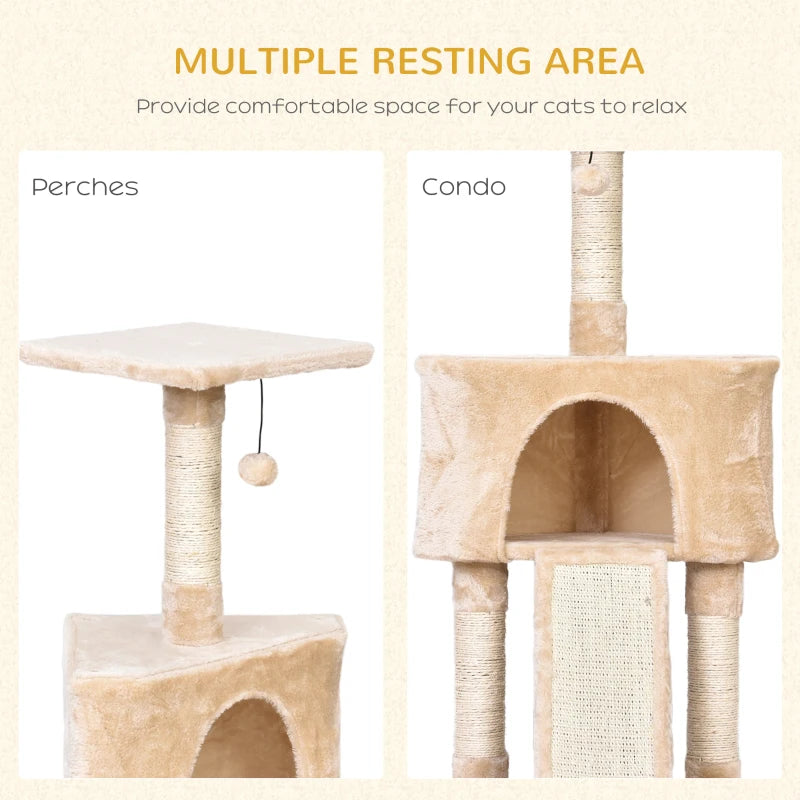 Beige Corner Cat Tree with Scratching Post and Toy