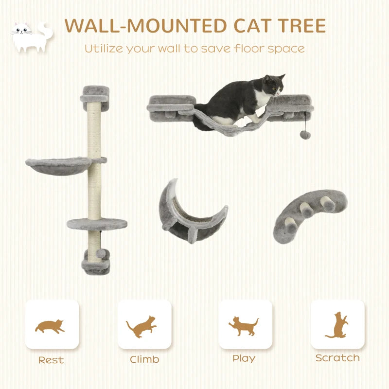 Grey Cat Wall Furniture Set with Hammock, Ladder, Platforms & Steps