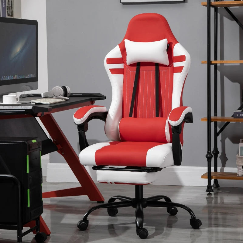 Red White Gaming Chair with Headrest, Footrest, Wheels - Adjustable Height