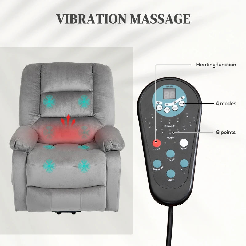 Grey Electric Massage Recliner Chair with Heat and Side Pocket