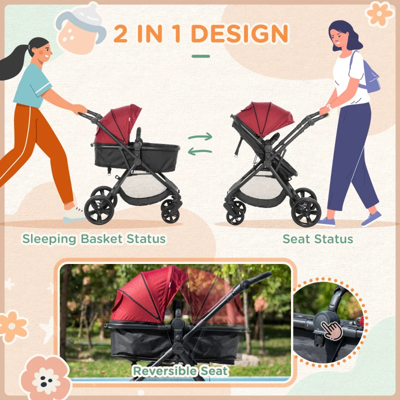 Red Foldable Baby Stroller with Reclining Backrest and Adjustable Canopy