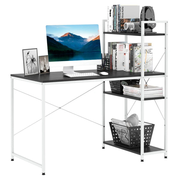 Reversible Industrial Computer Desk with Storage Shelves, Black & White