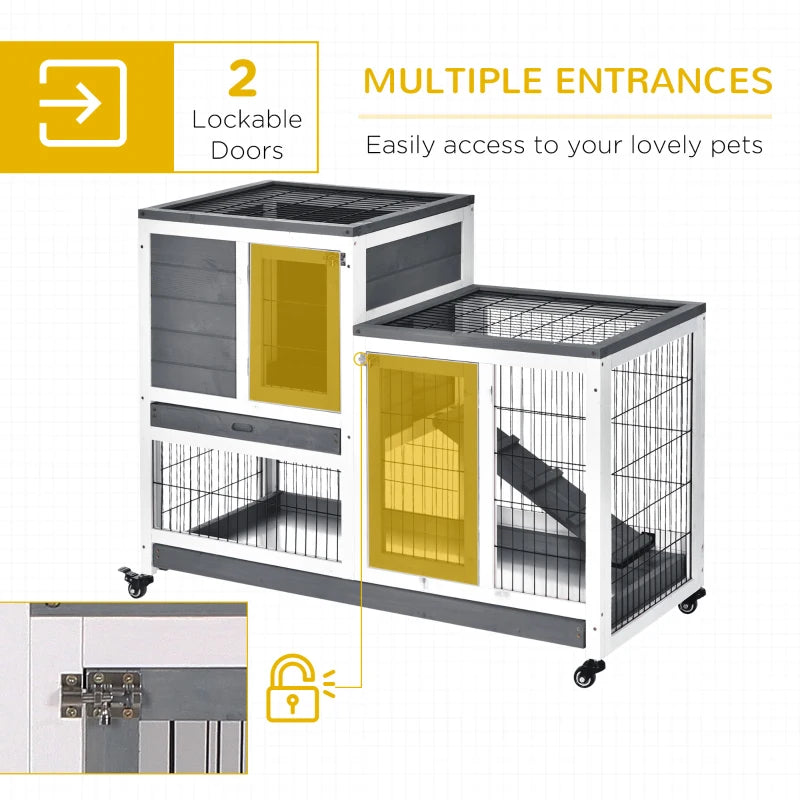 Grey Wooden Indoor Small Animal Hutch with Wheels and Enclosed Run