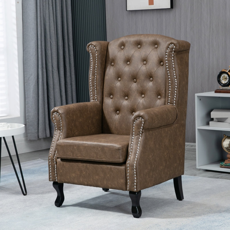 Brown Wingback Tufted Armchair with Nail Head Trim