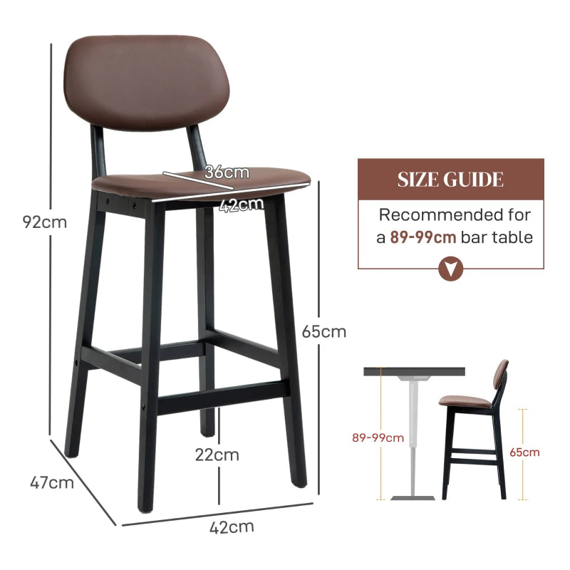 Brown Faux Leather Breakfast Bar Stools Set of 2 with Backs and Solid Wood Legs