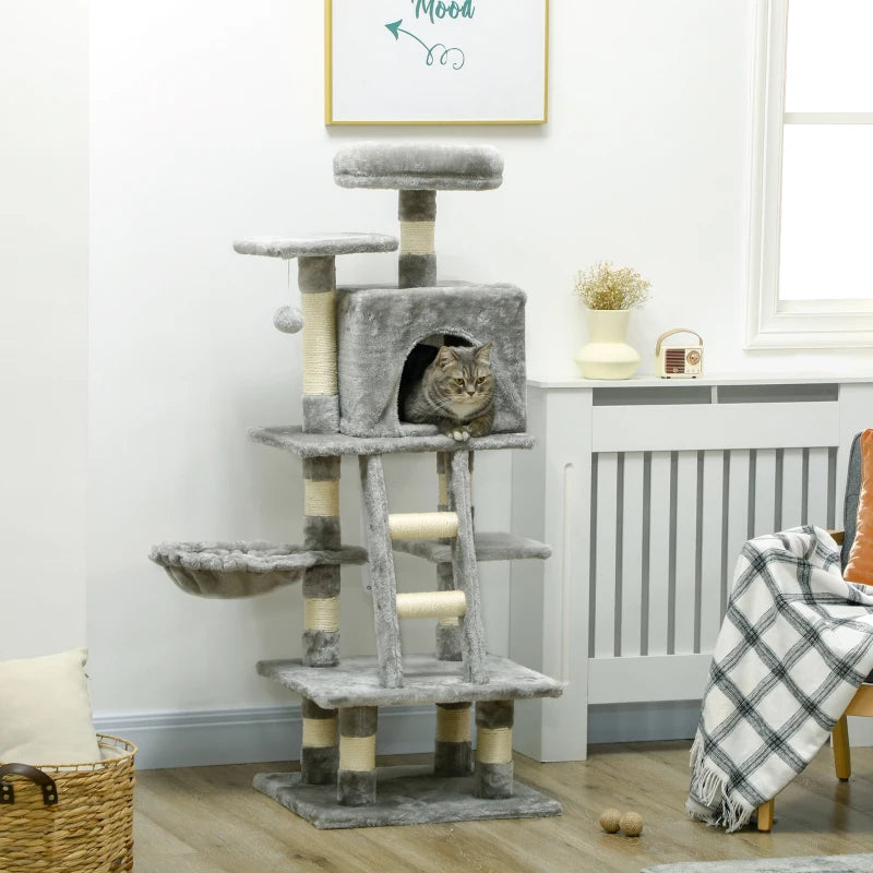 Grey Cat Tree with Scratching Post, House, Hammock, Toy Balls - 132cm