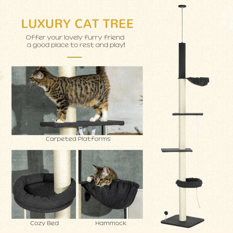 Floor-to-Ceiling 5 Tier Cat Tree with Bed, Hammock, Platforms - Black/Cream