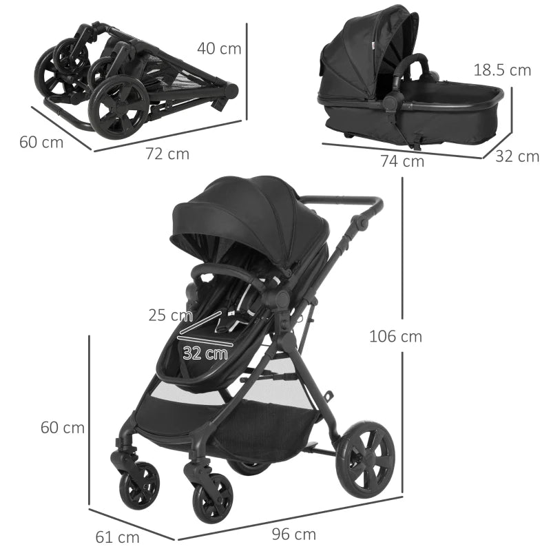 Black Foldable Baby Stroller with Reclining Backrest and Adjustable Canopy