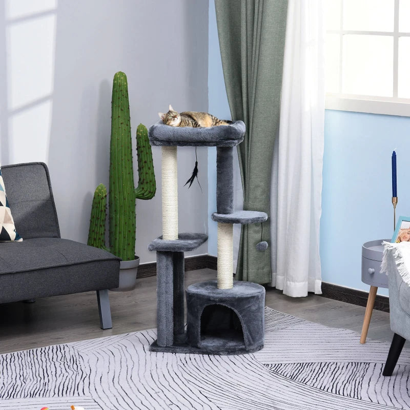 Grey Cat Tower Condo with Scratching Posts and Toys