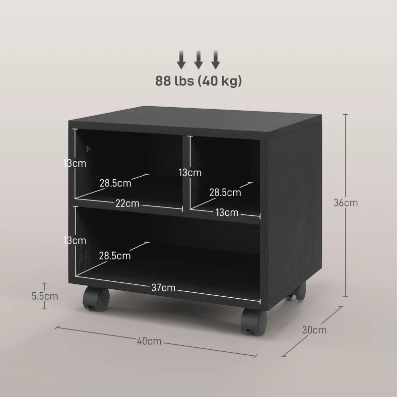 Black 3-Compartment Printer Cart with Wheels