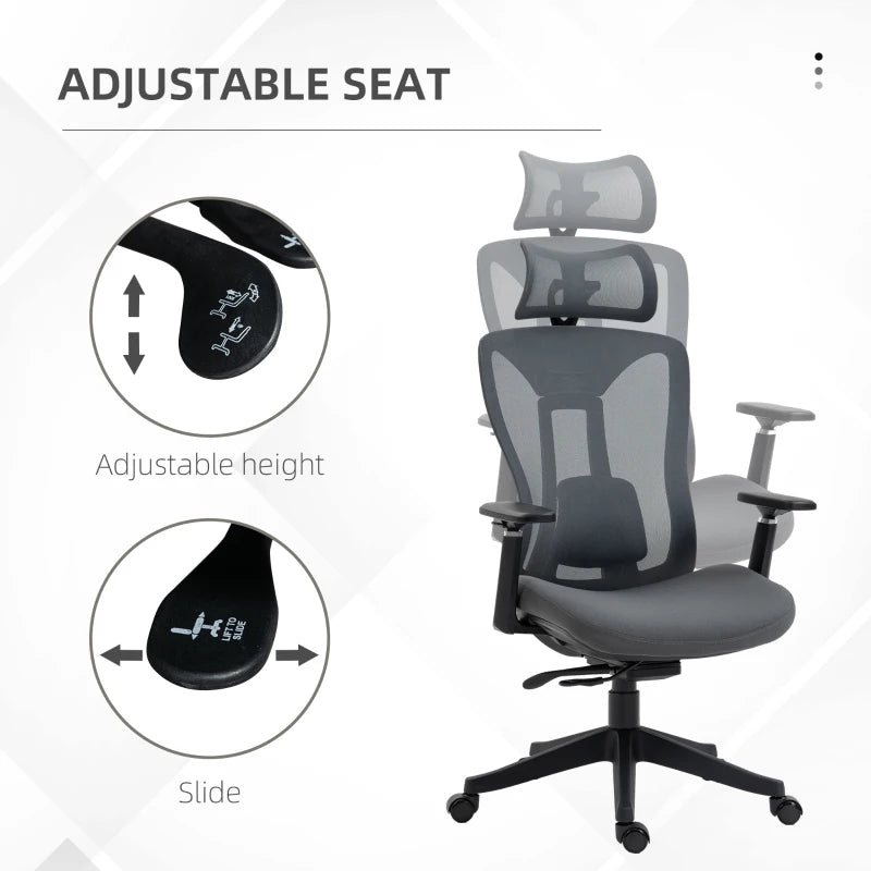 Grey Ergonomic Mesh Office Chair with Adjustable Headrest and Lumbar Support