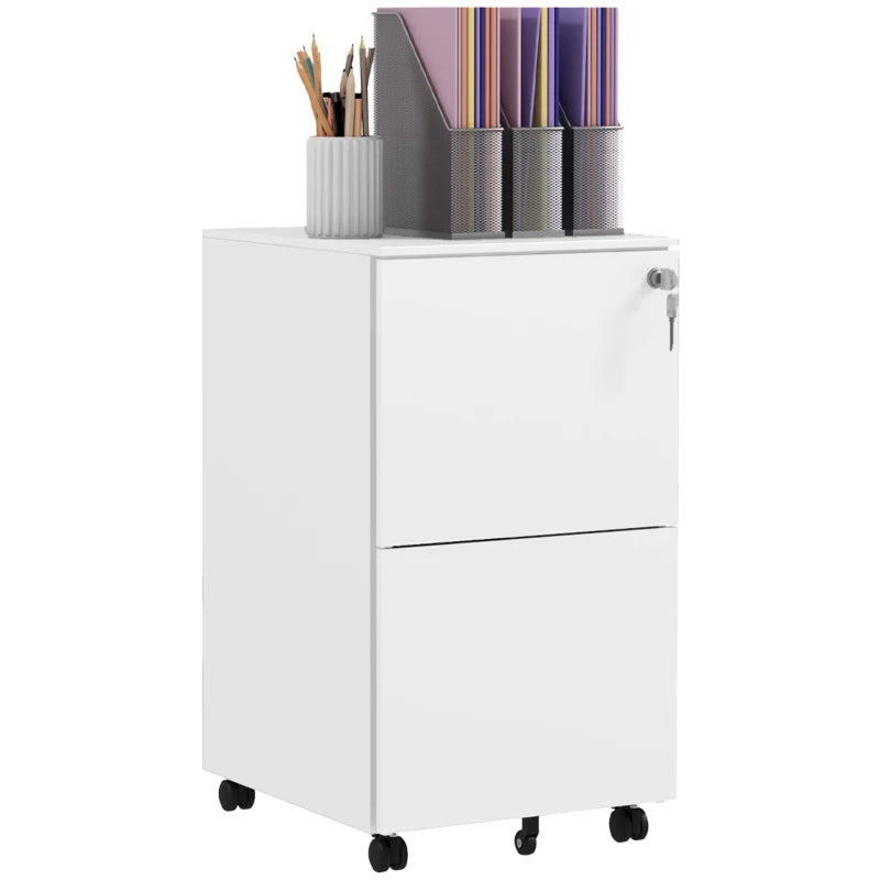 White 2-Drawer Steel Filing Cabinet with Lock and Wheels