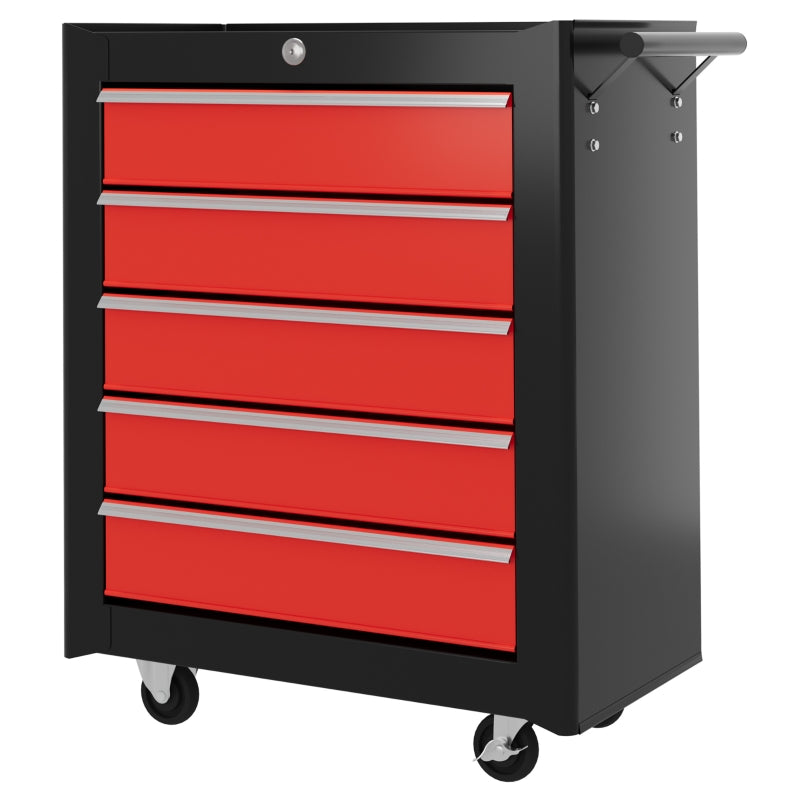 Red 5-Drawer Steel Tool Chest with Wheels and Lockable Cabinet