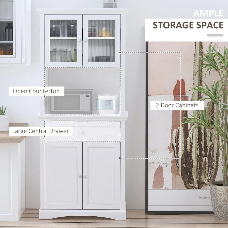 White Kitchen Storage Cabinet with Glass Doors and Adjustable Shelves