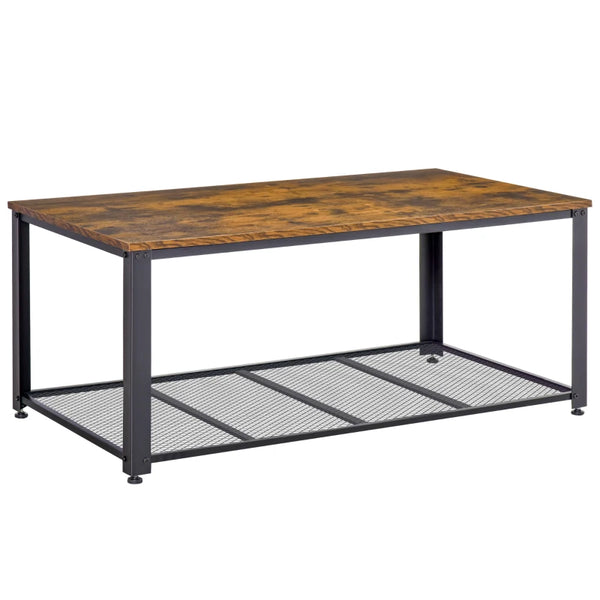 Rustic Brown Industrial Coffee Table with Mesh Shelf