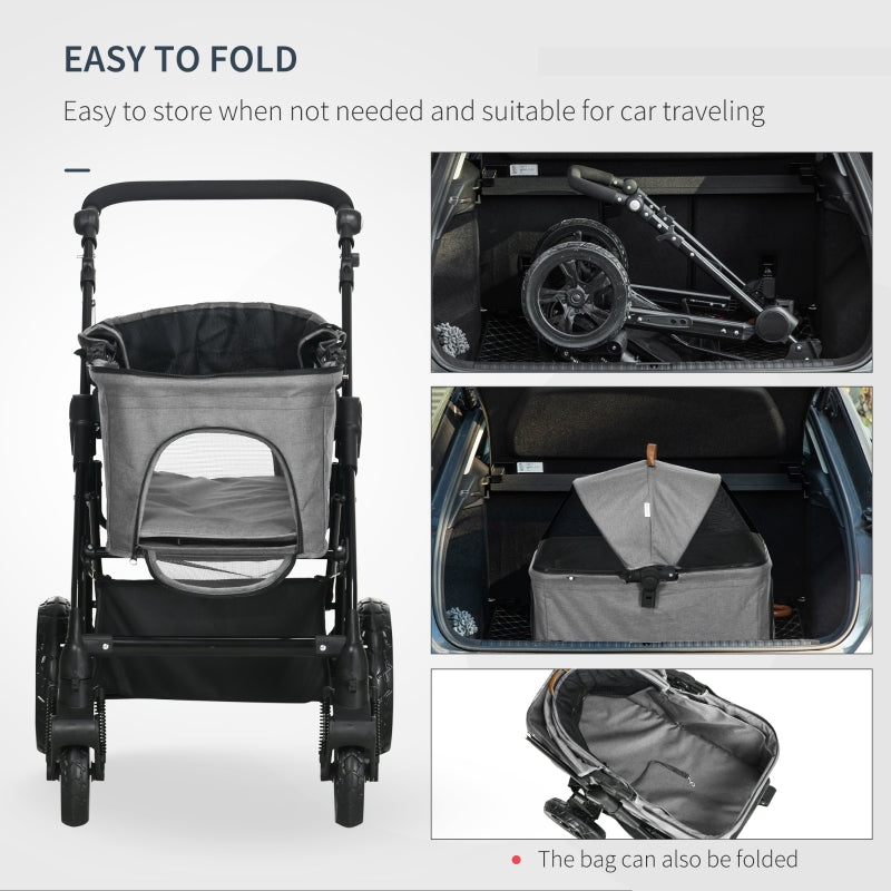 Grey Pet Stroller for Small Dogs and Cats with Detachable Carrier Bag