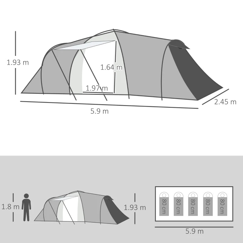 4-Person Tunnel Camping Tent with 2 Bedrooms and Living Area - Grey/Yellow