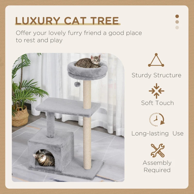 Grey Cat Tree Condo with Scratching Post and Dangling Ball