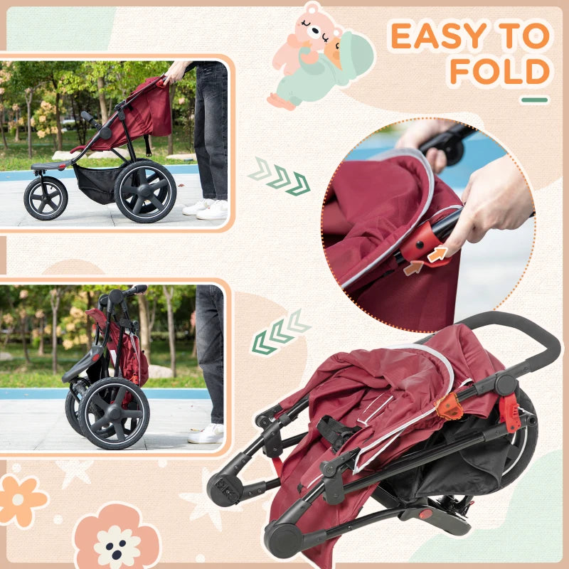 Red Foldable 3-Wheel Baby Stroller with Canopy and Storage Basket