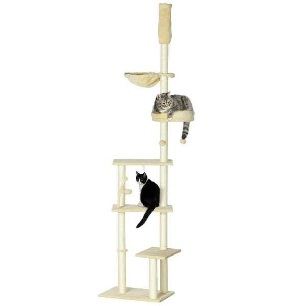 Beige 6-Tier Floor to Ceiling Cat Tree with Scratching Post and Hammock