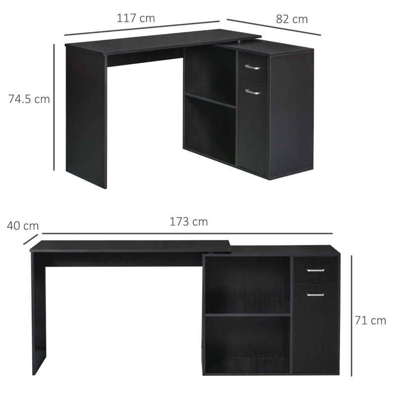 Black L-Shaped Computer Desk with Storage Shelf and Drawer