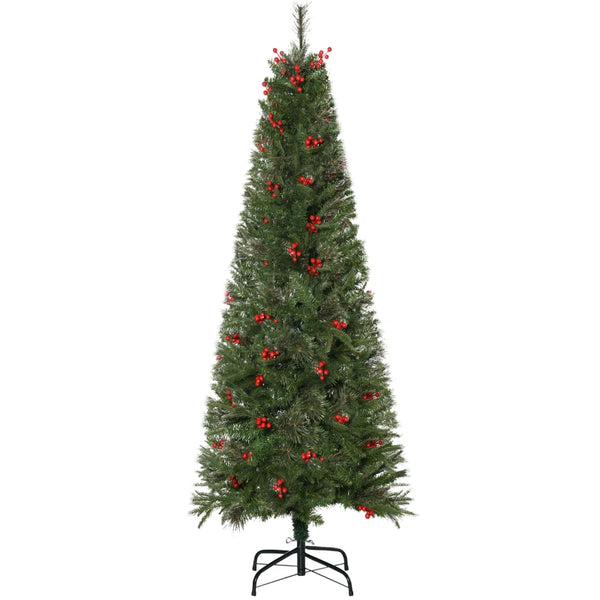 7ft Green Pencil Christmas Tree with Red Berries & Auto Open