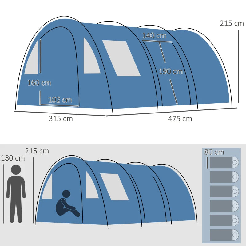 6-Person Blue Tunnel Camping Tent with Two Rooms and Carry Bag