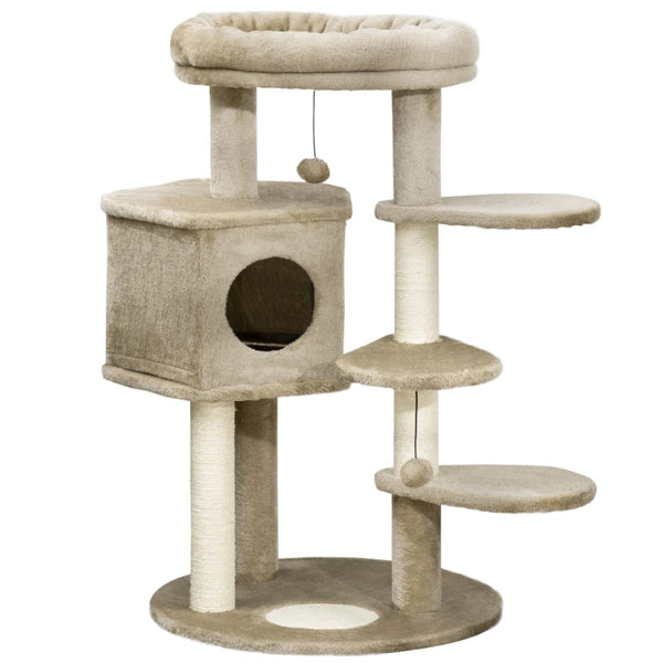 Brown Cat Tree with Multiple Levels, House, Bed & Toy Ball