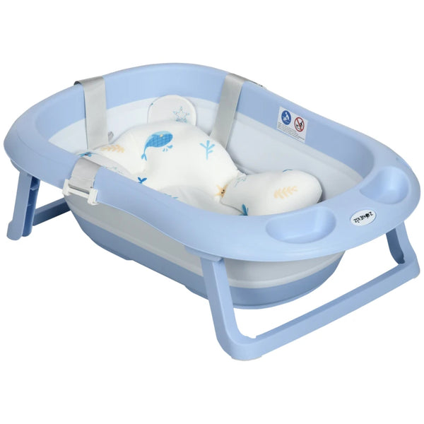 Blue Foldable Baby Bathtub with Non-Slip Legs & Cushion Pad