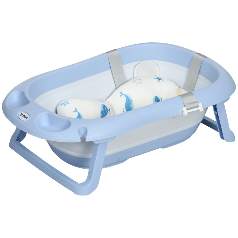 Blue Foldable Baby Bathtub with Non-Slip Legs & Cushion Pad