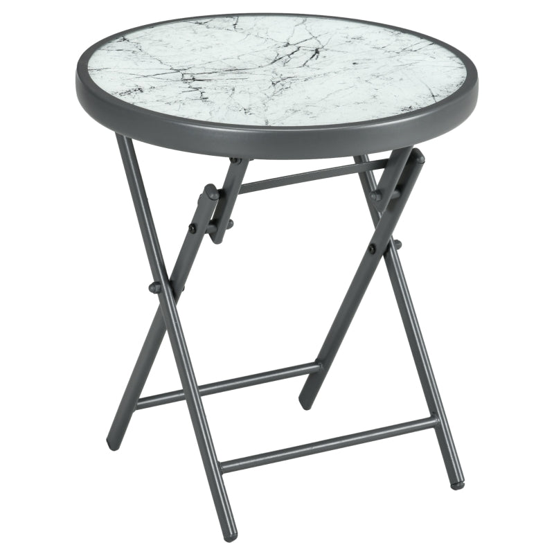 White Round Outdoor Folding Patio Table with Imitation Marble Glass Top