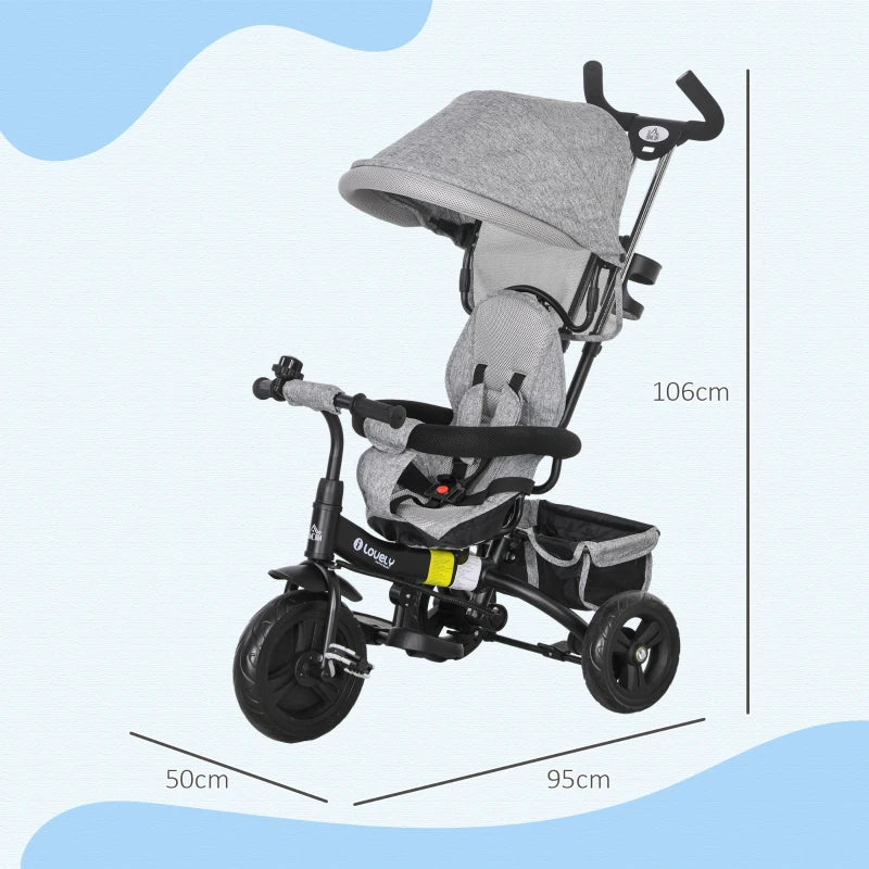 Grey 6-in-1 Kids Trike with Push Handle, Canopy, Safety Belt, Storage & Brake