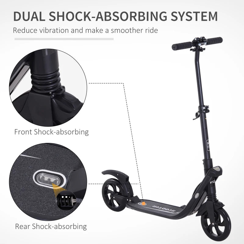 Black Urban Folding Kick Scooter with Rear Brake & Shock Absorption System