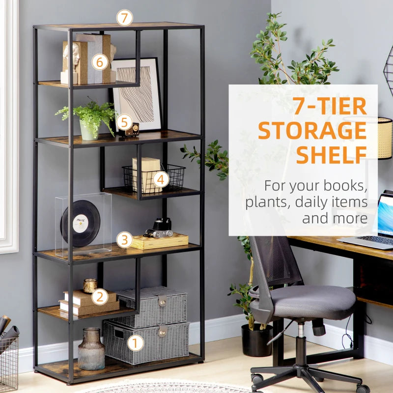 Rustic Brown 7-Tier Metal Bookcase Shelf for Home and Office