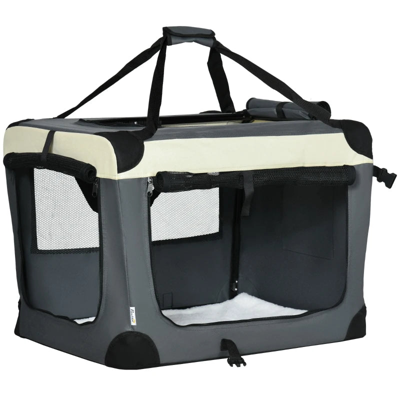 Foldable Grey Pet Carrier with Cushion - 70cm for Small Dogs and Cats