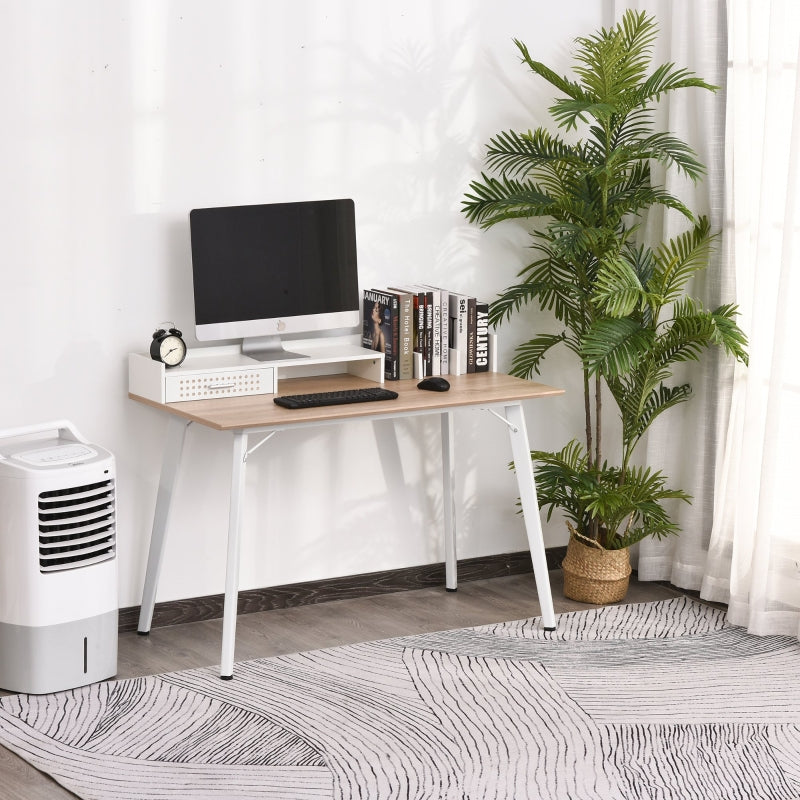 White Compact Computer Desk with Monitor Stand and Storage