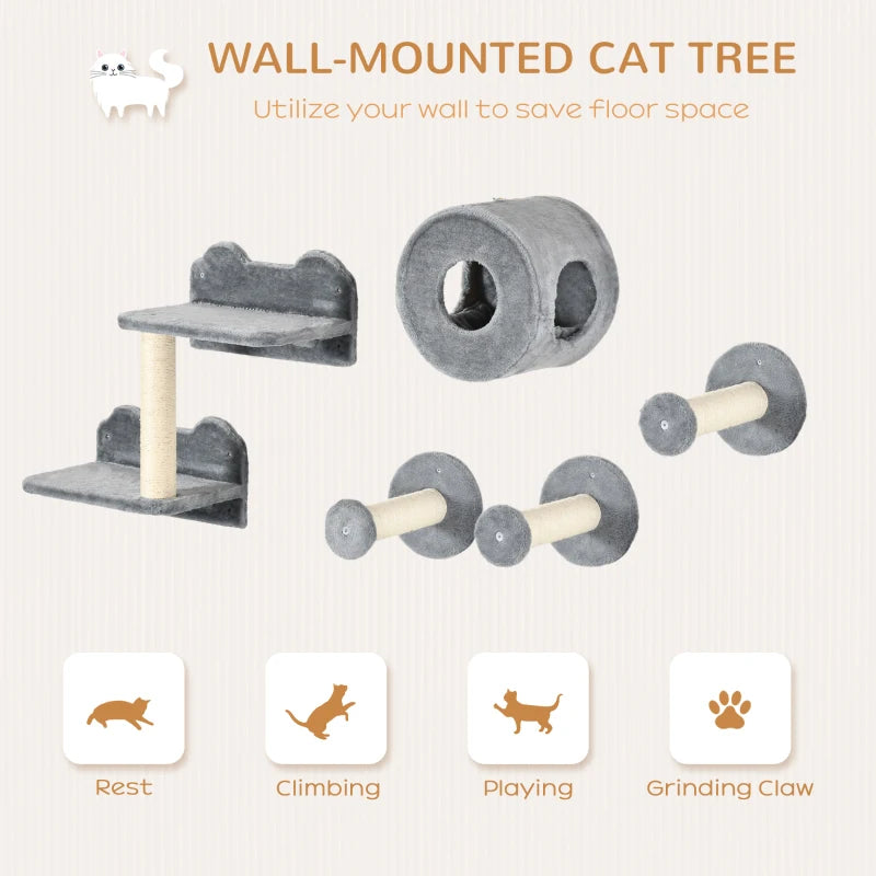 Modern Grey Cat Wall Set with Perch, House & Scratching Post